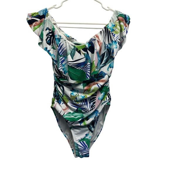 LA BLANCA Ruffled Off the Shoulder One PC Swimsuit Size 10 Floral - Picture 1 of 10
